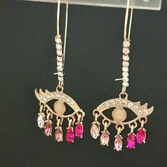 Betsey Johnson Pink Crystal Gold Drop Earrings - Picture 1 of 4